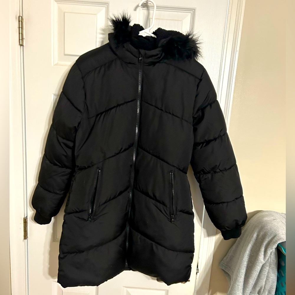 Girls Black Long Puffer Coat Size 12/14